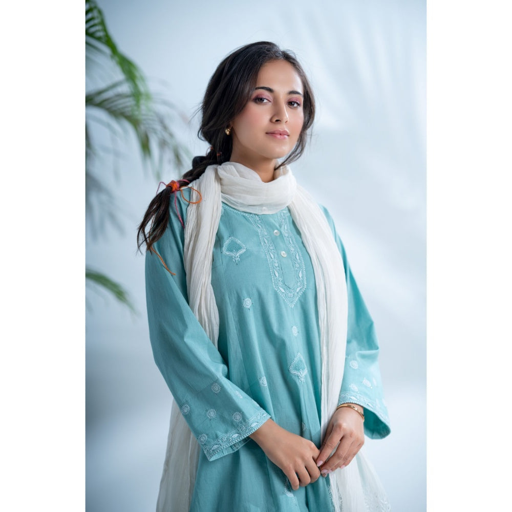 PANTS AND PAJAMAS Misty Aqua Chikankari in Cotton Kurta Bottom and Chanderi Stole (Set of 3)