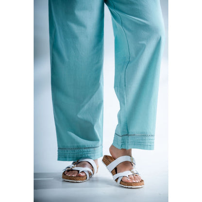 PANTS AND PAJAMAS Misty Aqua Chikankari in Cotton Kurta Bottom and Chanderi Stole (Set of 3)