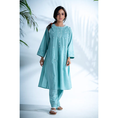 PANTS AND PAJAMAS Misty Aqua Chikan Cotton Kurta