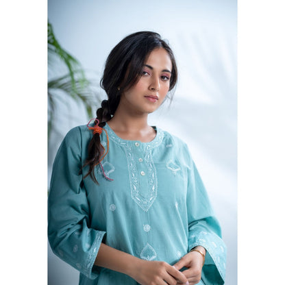 PANTS AND PAJAMAS Misty Aqua Chikan Cotton Kurta