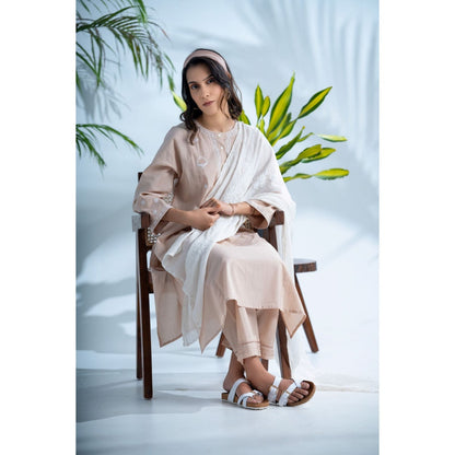 PANTS AND PAJAMAS Hazel Beige Chikankari in Cotton and Chanderi Dupatta (Set of 3)