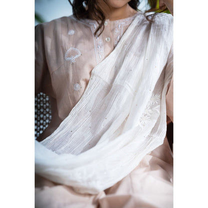 PANTS AND PAJAMAS Hazel Beige Chikankari in Cotton and Chanderi Dupatta (Set of 3)