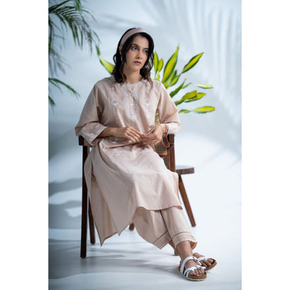 PANTS AND PAJAMAS Hazel Beige Chikan Cotton Kurta