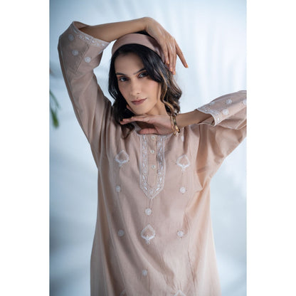 PANTS AND PAJAMAS Hazel Beige Chikan Cotton Kurta
