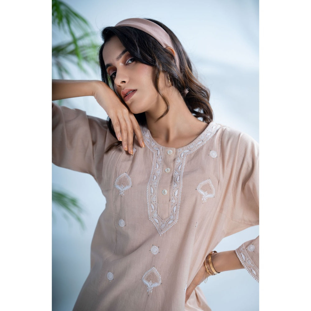 PANTS AND PAJAMAS Hazel Beige Chikan Cotton Kurta