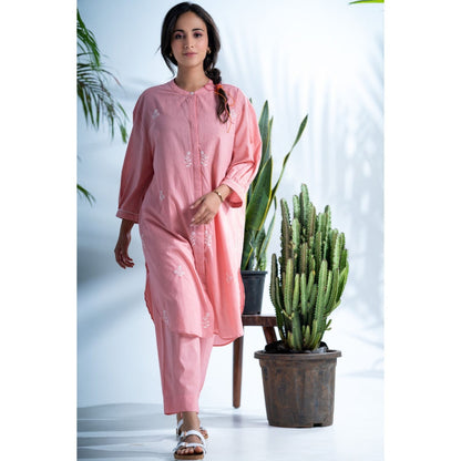 PANTS AND PAJAMAS Cerise Dark Blush Pink Chikan in Cotton Shirt and Cotton Bottom (Set of 2)