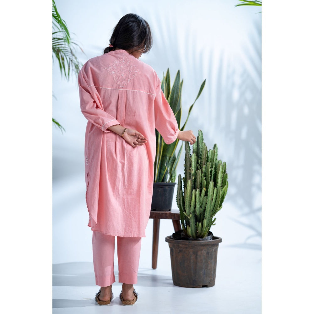 PANTS AND PAJAMAS Cerise Dark Blush Pink Chikan in Cotton Shirt and Cotton Bottom (Set of 2)