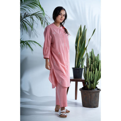 PANTS AND PAJAMAS Cerise Dark Blush Pink Chikan in Cotton Shirt and Cotton Bottom (Set of 2)
