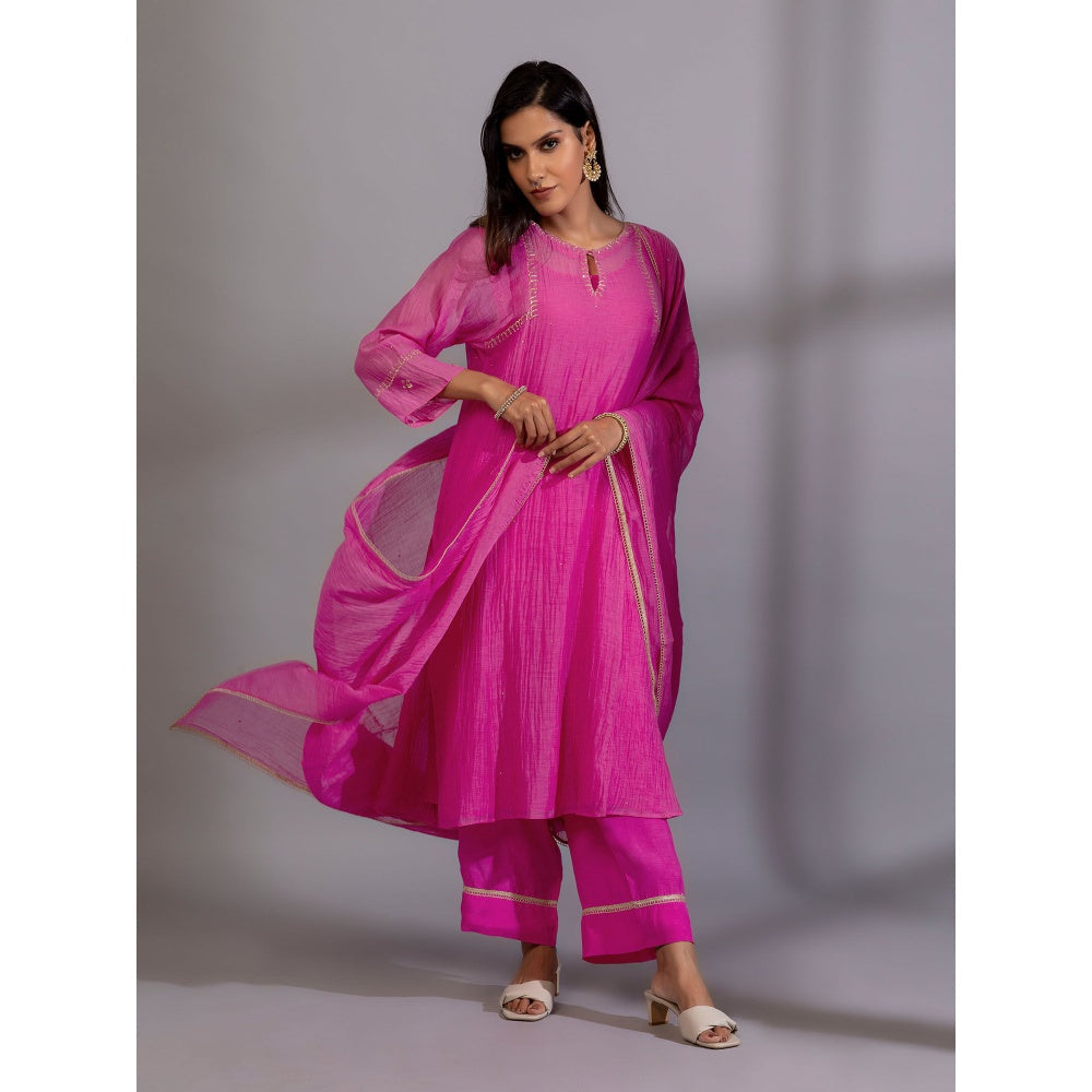 PANTS AND PAJAMAS Pink Chanderi Embroidered Dupatta