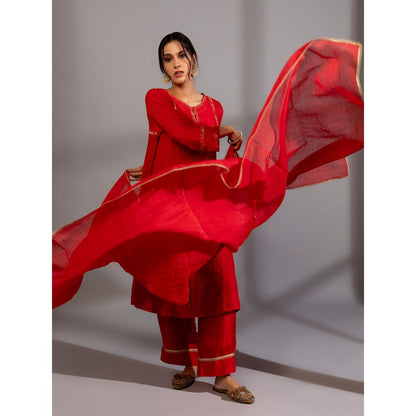 PANTS AND PAJAMAS Red Chanderi Embroidered Dupatta