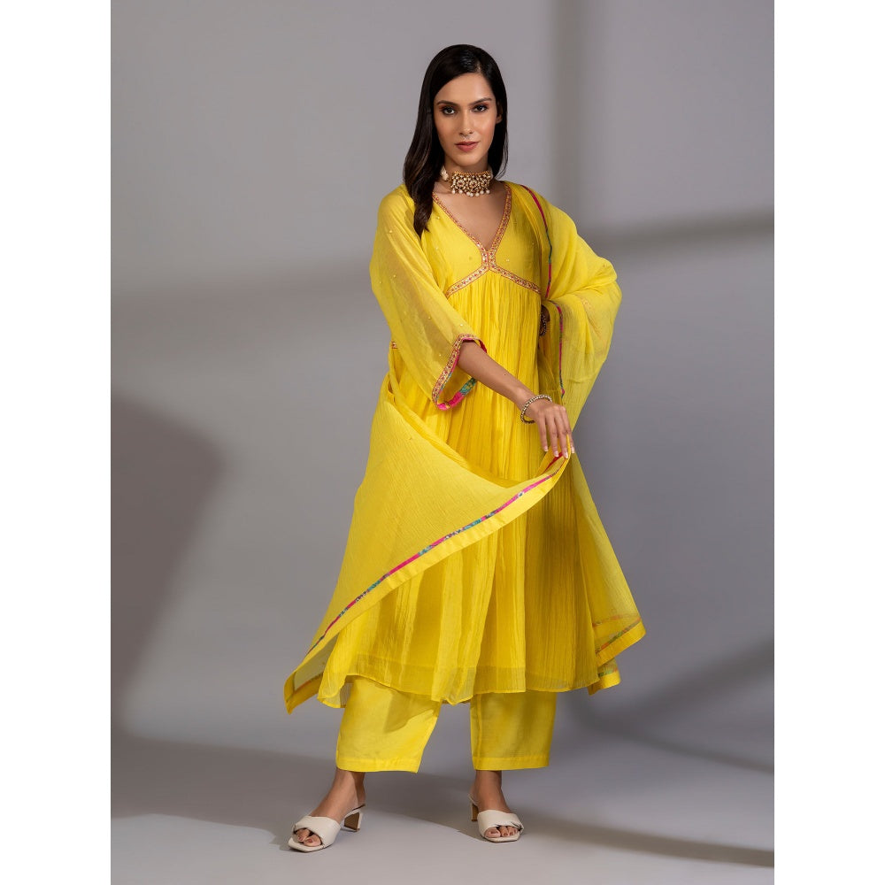 PANTS AND PAJAMAS Yellow Chanderi Kurta With Pant & Dupatta (Set of 3)