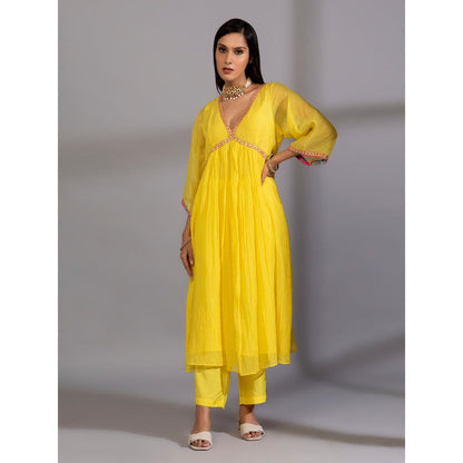 PANTS AND PAJAMAS Yellow Chanderi Kurta With Pant & Dupatta (Set of 3)