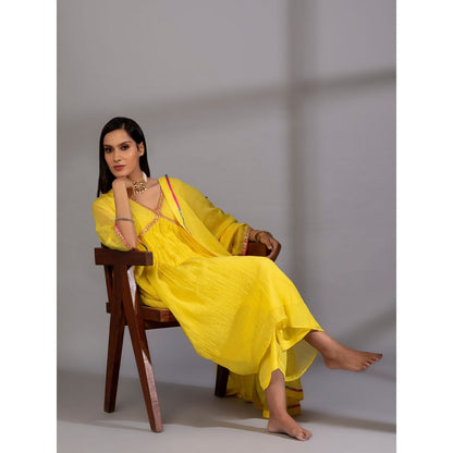 PANTS AND PAJAMAS Yellow Chanderi Kurta With Pant & Dupatta (Set of 3)