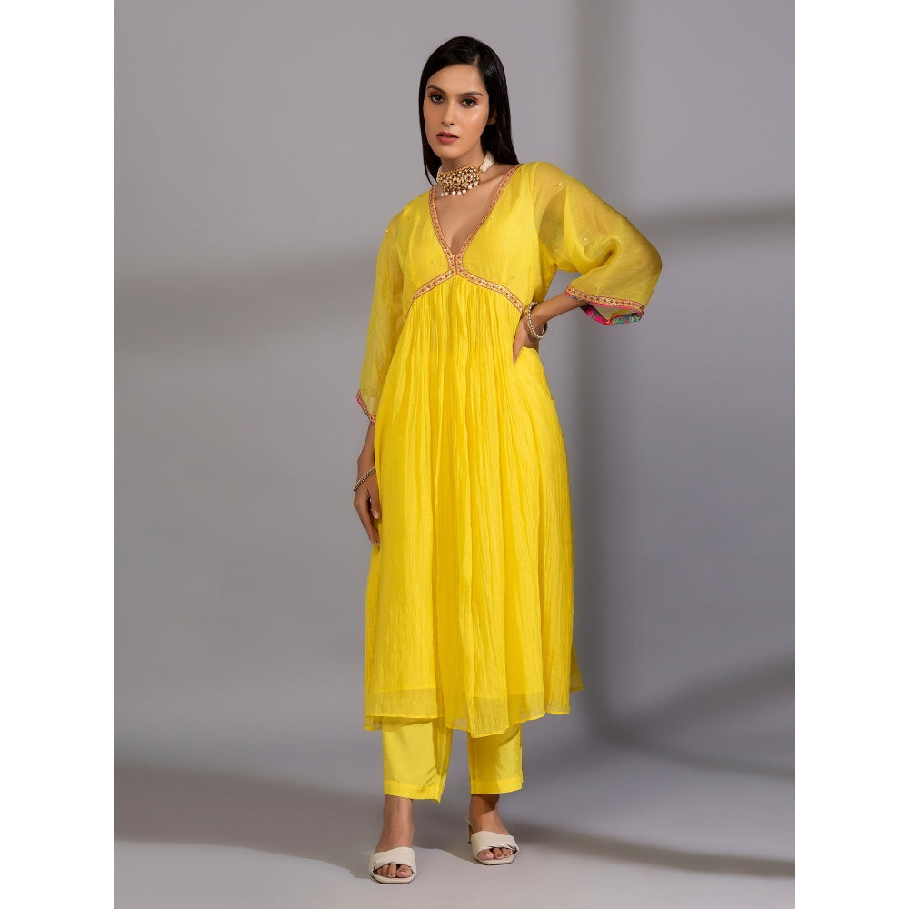 PANTS AND PAJAMAS Yellow Chanderi Embroidery Kurta