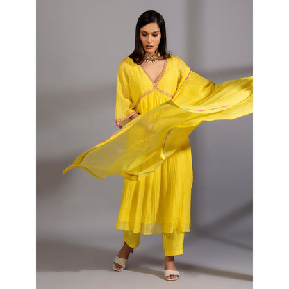 PANTS AND PAJAMAS Yellow Chanderi Embroidery Kurta