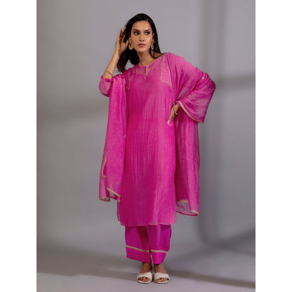 PANTS AND PAJAMAS Pink Chanderi Embroidered Kurta With Pant & Dupatta (Set of 3)