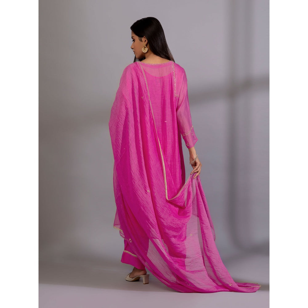 PANTS AND PAJAMAS Pink Chanderi Embroidered Kurta With Pant & Dupatta (Set of 3)