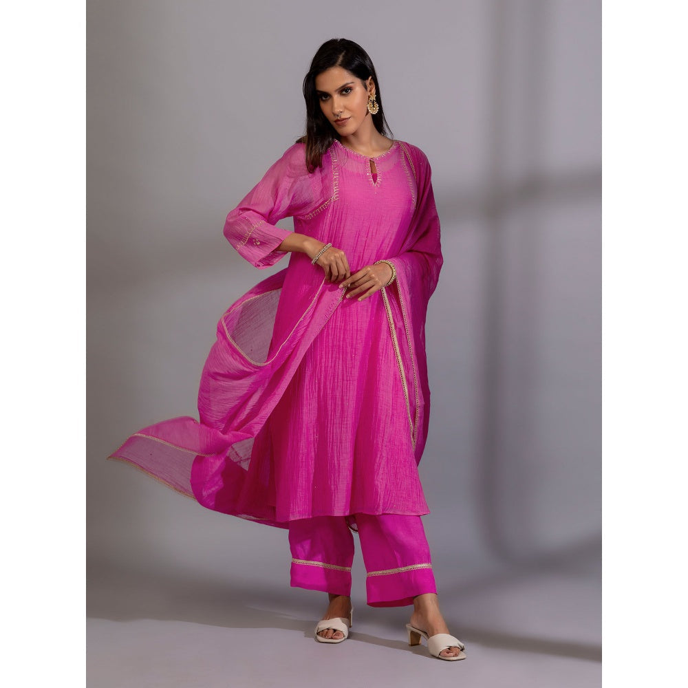 PANTS AND PAJAMAS Pink Chanderi Embroidered Kurta With Pant & Dupatta (Set of 3)
