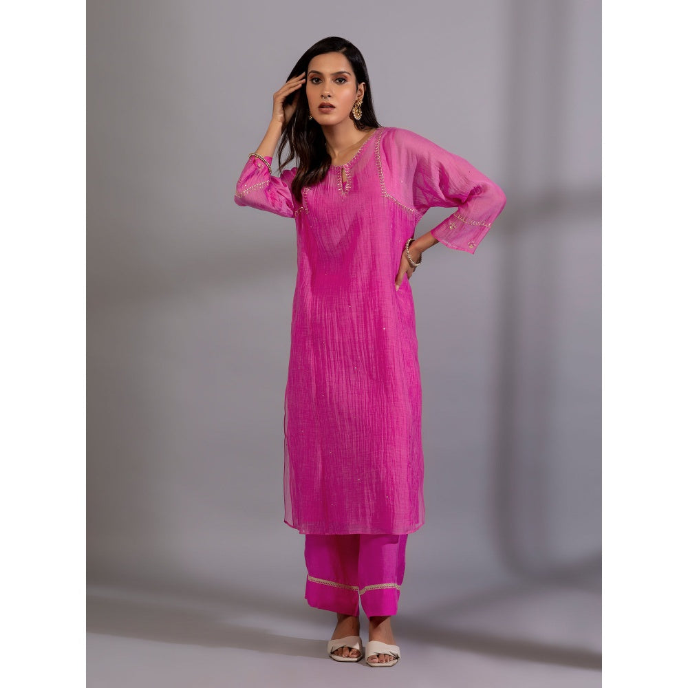 PANTS AND PAJAMAS Pink Chanderi Embroidered Kurta & Pant (Set of 2)