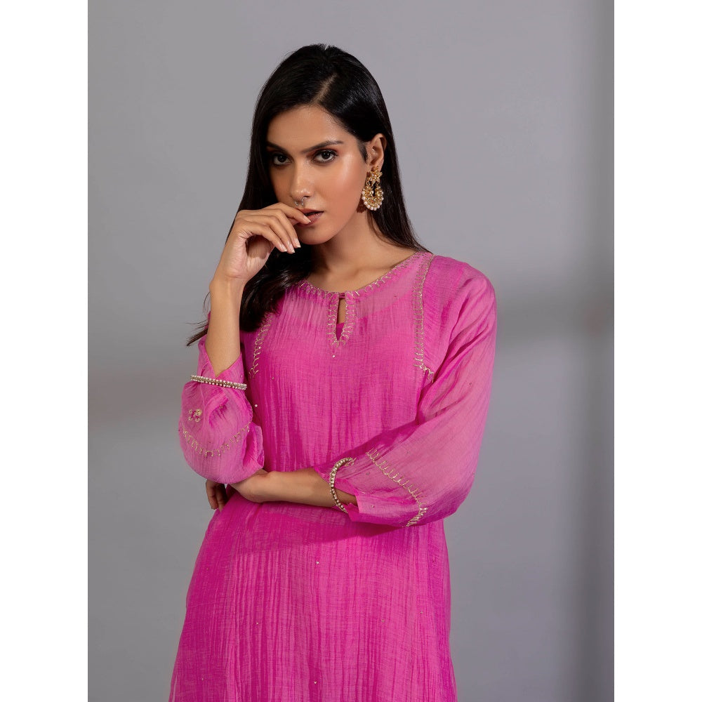 PANTS AND PAJAMAS Pink Chanderi Embroidered Kurta & Pant (Set of 2)