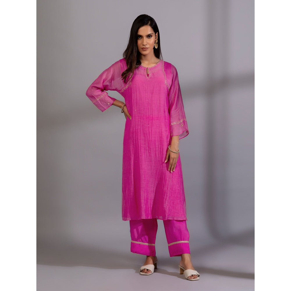 PANTS AND PAJAMAS Pink Solid Chanderi Embroidered Kurta