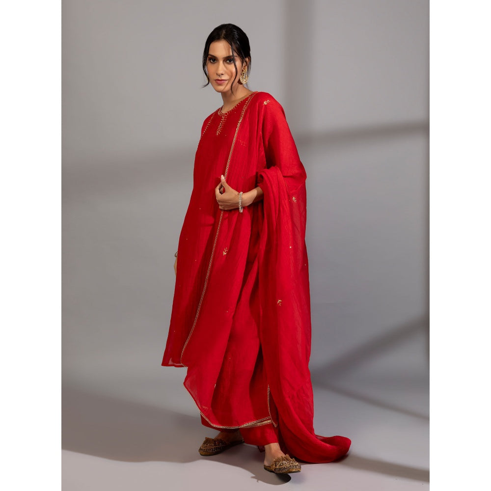 PANTS AND PAJAMAS Red Chanderi Embroidered Kurta With Pant & Dupatta (Set of 3)