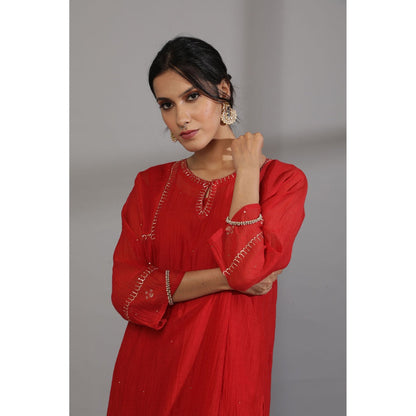 PANTS AND PAJAMAS Red Chanderi Embroidered Kurta With Pant & Dupatta (Set of 3)