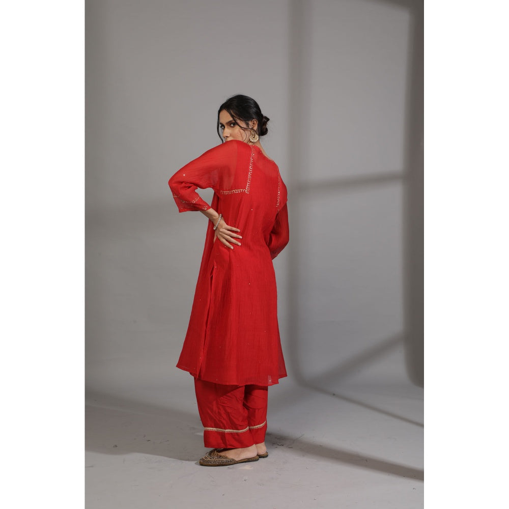 PANTS AND PAJAMAS Red Chanderi Embroidered Kurta With Pant & Dupatta (Set of 3)
