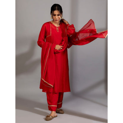 PANTS AND PAJAMAS Red Chanderi Embroidered Kurta With Pant & Dupatta (Set of 3)