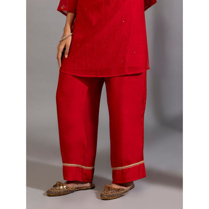 PANTS AND PAJAMAS Red Chanderi Embroidered Kurta & Pant (Set of 2)