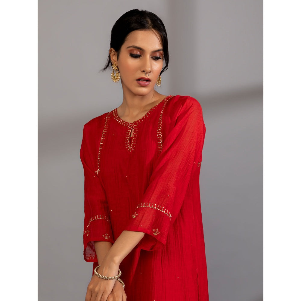 PANTS AND PAJAMAS Red Chanderi Embroidered Kurta