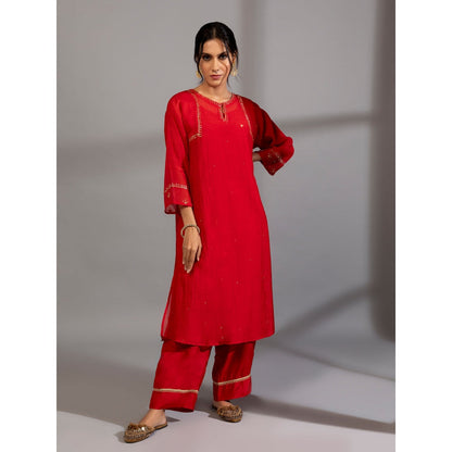 PANTS AND PAJAMAS Red Solid Cotton Silk Embroidered Pants