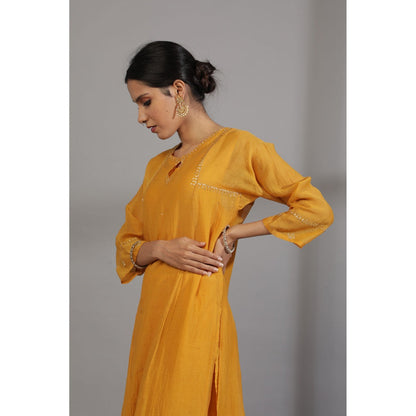 PANTS AND PAJAMAS Mustard Chanderi Embroidered Kurta With Pant & Dupatta (Set of 3)