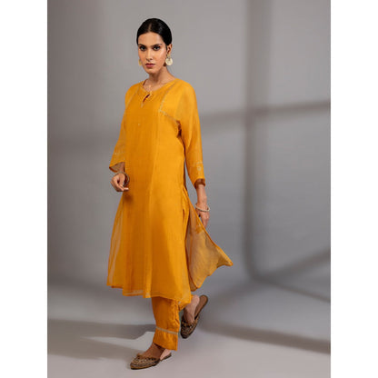 PANTS AND PAJAMAS Mustard Chanderi Embroidered Kurta & Pant (Set of 2)
