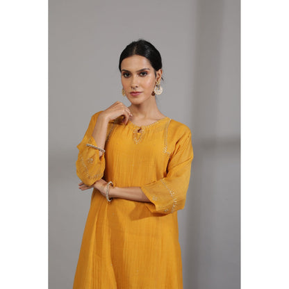 PANTS AND PAJAMAS Mustard Chanderi Embroidered Kurta & Pant (Set of 2)