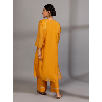 PANTS AND PAJAMAS Mustard Chanderi Embroidered Kurta & Pant (Set of 2)