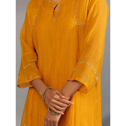 PANTS AND PAJAMAS Mustard Chanderi Embroidered Kurta & Pant (Set of 2)