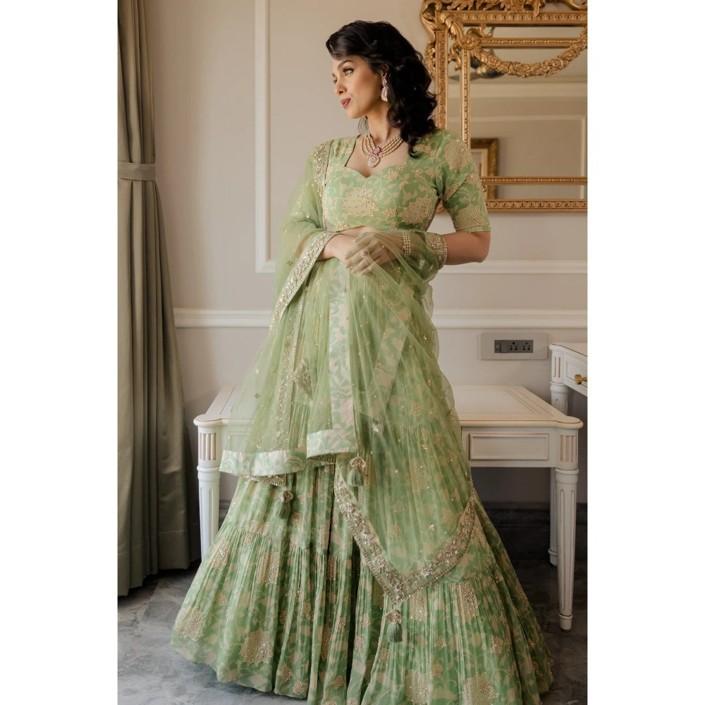 Paulmi Harsh Pista Green Block Printed Lehenga Set (Set of 3)