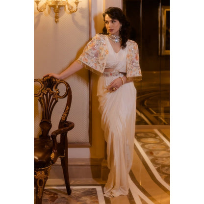 Paulmi Harsh Ivory Roman Draped Pre-Stitched Saree with Stitched