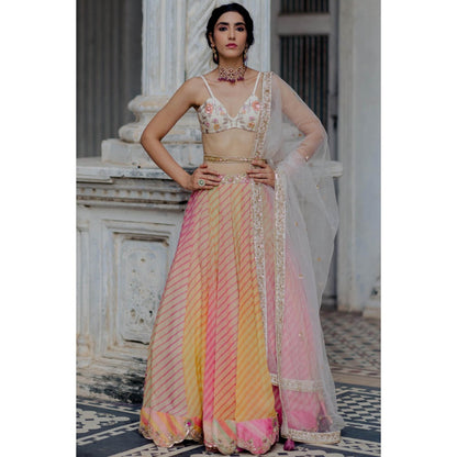 Paulmi & Harsh Pink Ombre Leheriya Lehenga (Set of 4)
