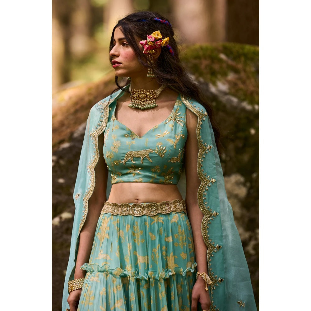 Paulmi & Harsh Tea Pot Bagh Print Lehenga (Set of 4)