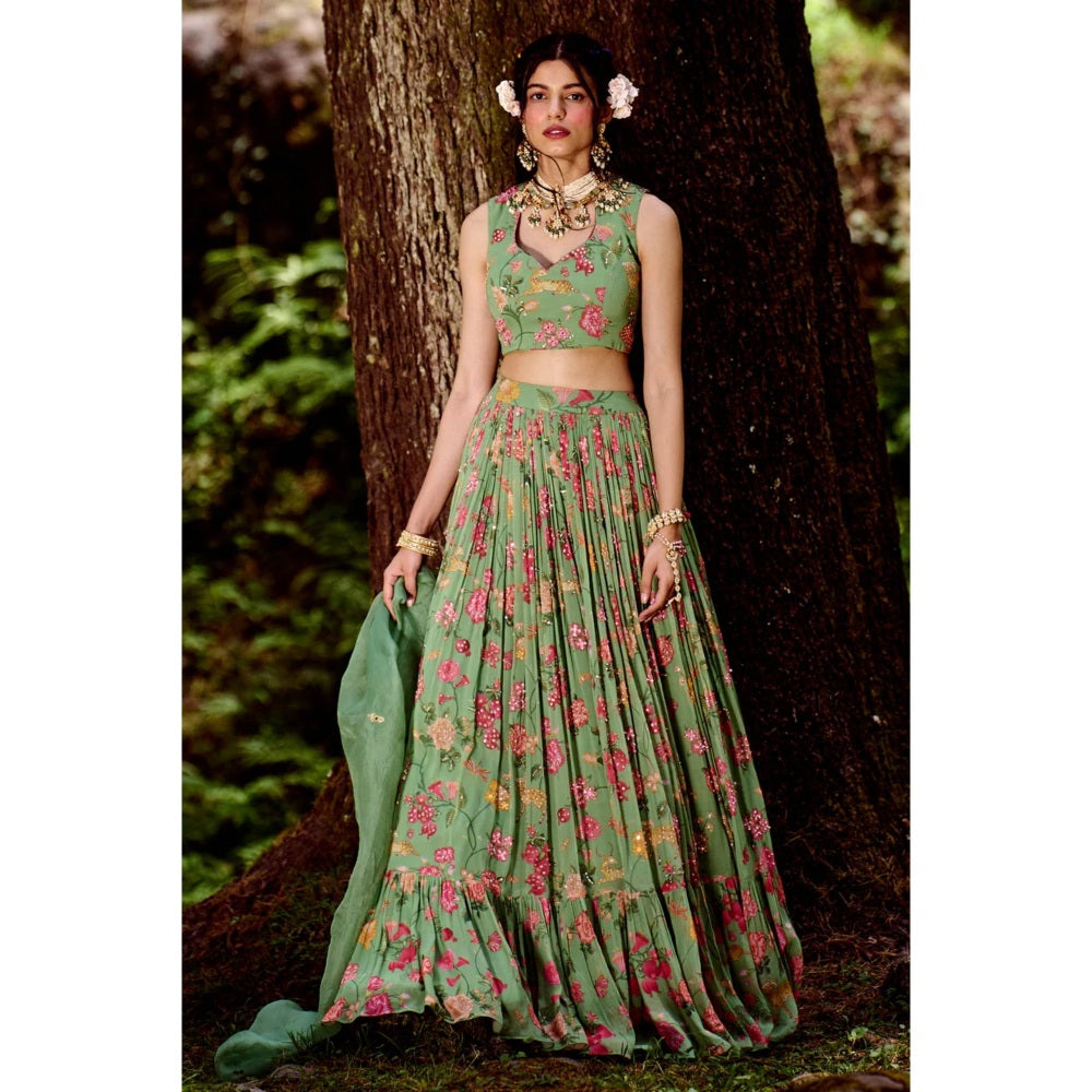 Paulmi & Harsh Green Jungle Print Lehenga (Set of 3)