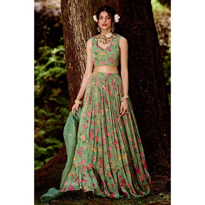Paulmi & Harsh Green Jungle Print Lehenga (Set of 3)