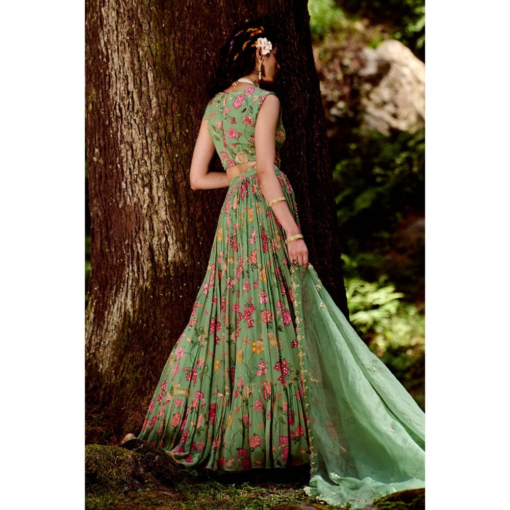 Paulmi & Harsh Green Jungle Print Lehenga (Set of 3)