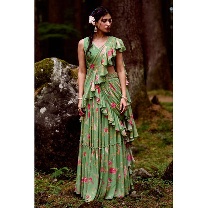 Paulmi & Harsh Fern Green Anar Print Draped Saree with Stitched Blouse