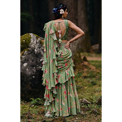 Paulmi & Harsh Fern Green Anar Print Draped Saree with Stitched Blouse