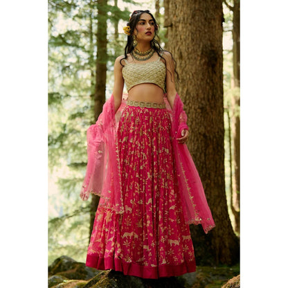 Paulmi & Harsh Rani Pink Jungle Print Lehenga (Set of 4)