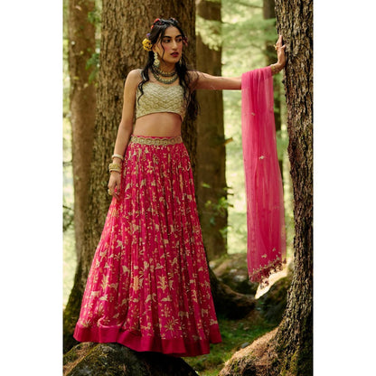 Paulmi & Harsh Rani Pink Jungle Print Lehenga (Set of 4)