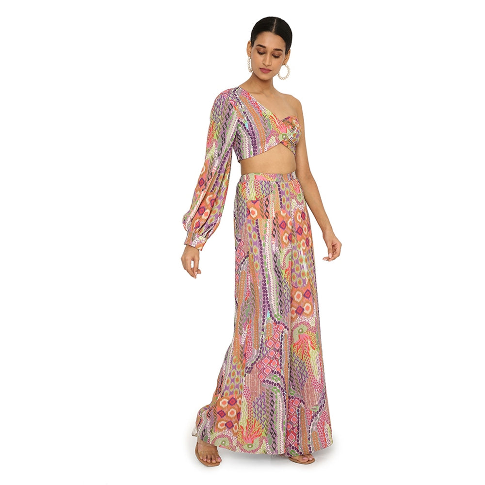PS Pret by Payal Singhal Juveria African Print Crepe One Shoulder Top with Palazzo (Set of 2)