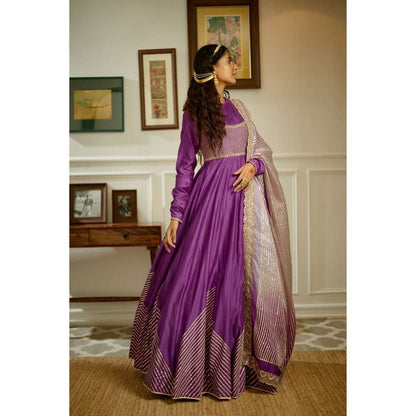 PRATIBHA SULTANIA Purple Chanderi Anarkali with Organza Dupatta (Set of 2)
